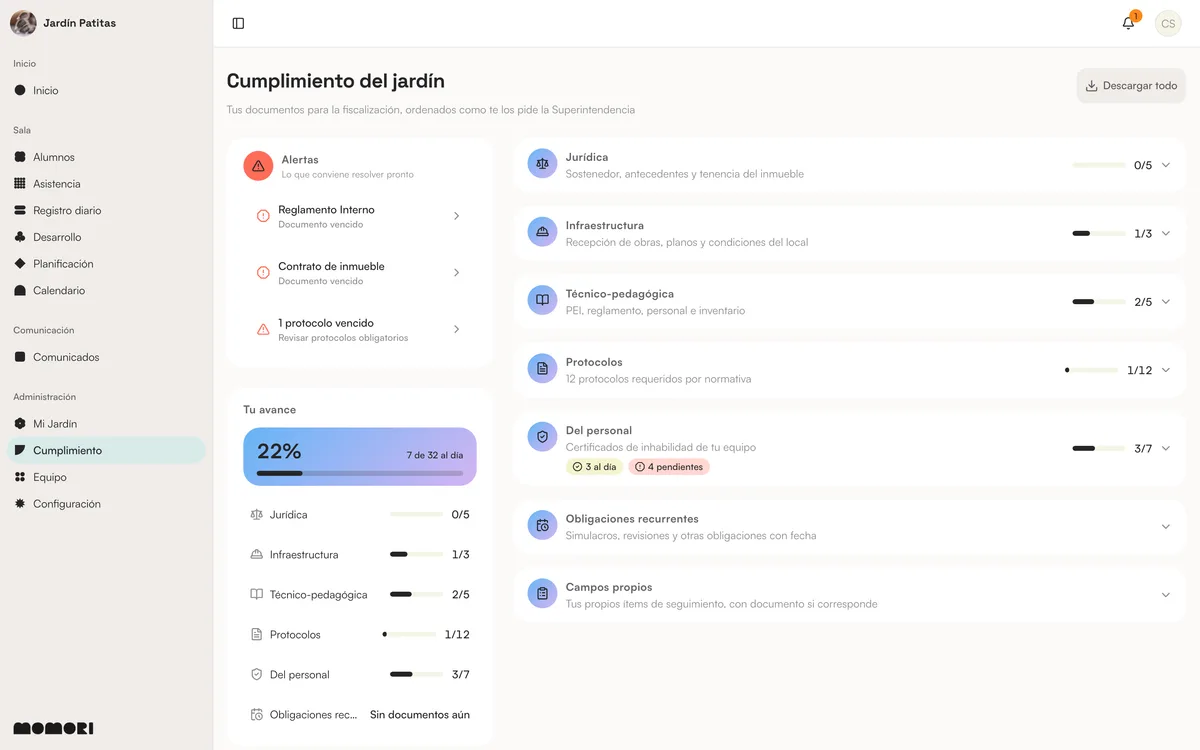 Vista de normativa y administración en Momori; en la segunda vista, las fichas del equipo con su documentación de idoneidad.